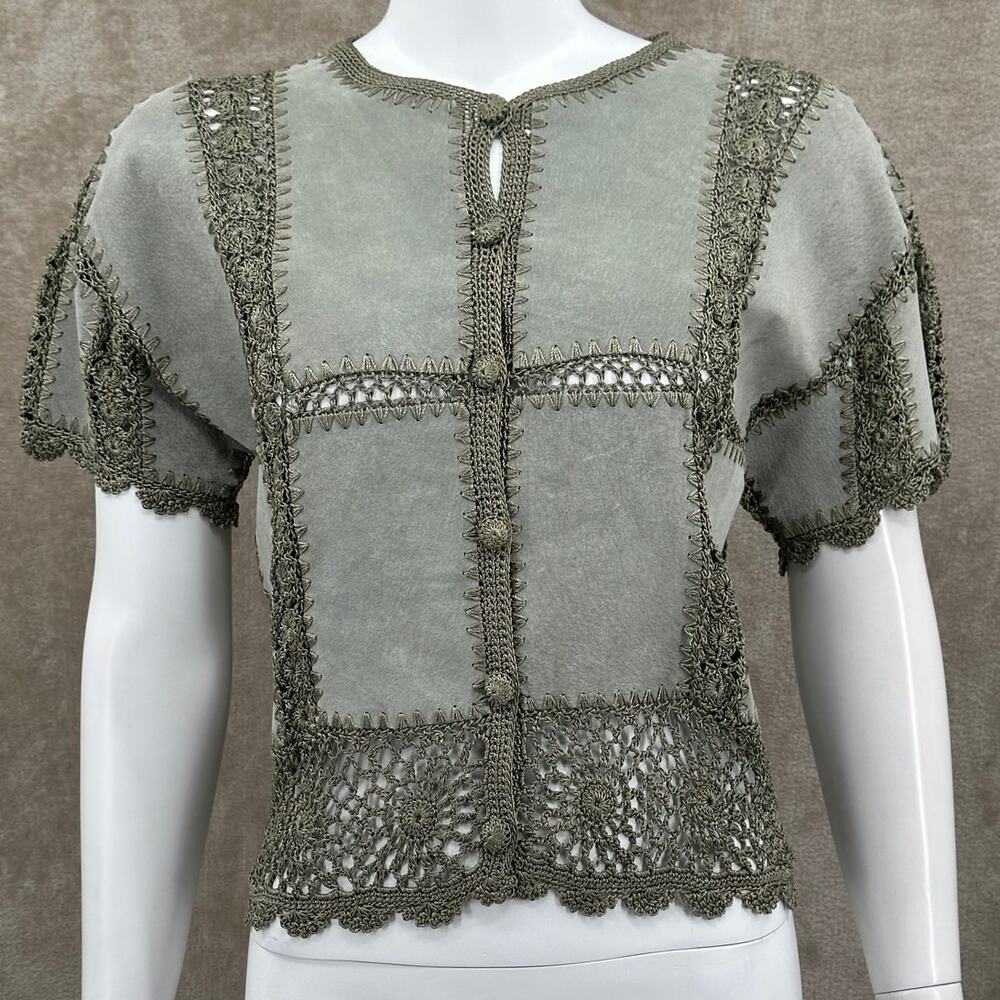 Scully Jacket Womens 8 Green 100% Leather Crochet Lace Boho Country Cottage